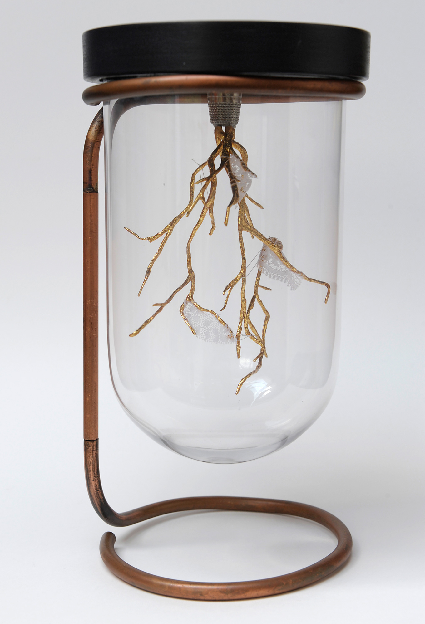 Renouer avec ses racines - Pâte polymère recouverte de feuille d'or, dentelle, fil de soie, globe en verre - 30 x 15 cm - 2016
