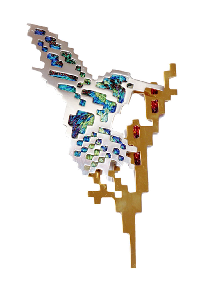 Li Heng - The Weight of a Hummingbird - Plaqué argent nickelé avec 20 carats d'or et platine, perle de verre, bande de roulement, organza de soie - 12,5 x 7,5 x 1,5 cm - 2018